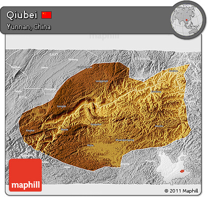 Physical 3D Map of Qiubei, lighten, desaturated