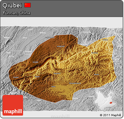 Physical 3D Map of Qiubei, lighten, desaturated