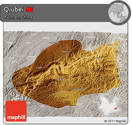 Physical 3D Map of Qiubei, lighten, semi-desaturated