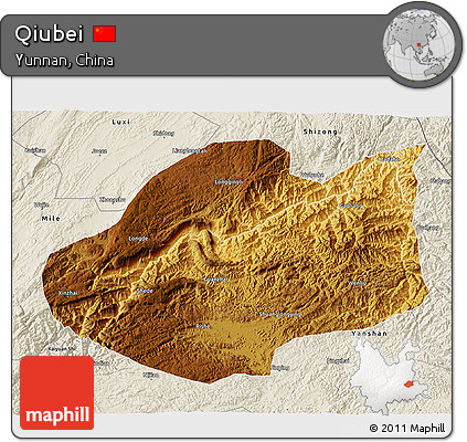 Physical 3D Map of Qiubei, shaded relief outside
