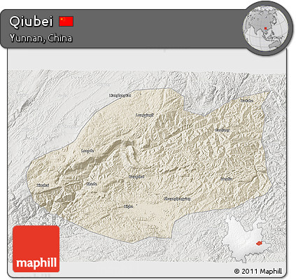 Shaded Relief 3D Map of Qiubei, lighten, semi-desaturated