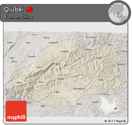 Shaded Relief 3D Map of Qiubei, semi-desaturated