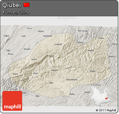 Shaded Relief 3D Map of Qiubei, semi-desaturated