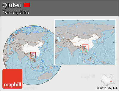 Gray Location Map of Qiubei, highlighted country, highlighted parent region, within the entire country, hill shading