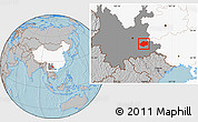 Gray Location Map of Qiubei, highlighted country, highlighted parent region, hill shading