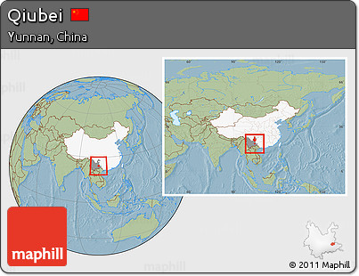 Savanna Style Location Map of Qiubei, highlighted country, highlighted parent region, within the entire country, hill shading