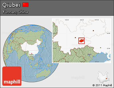 Savanna Style Location Map of Qiubei, highlighted country, hill shading