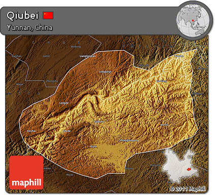Physical Map of Qiubei, darken