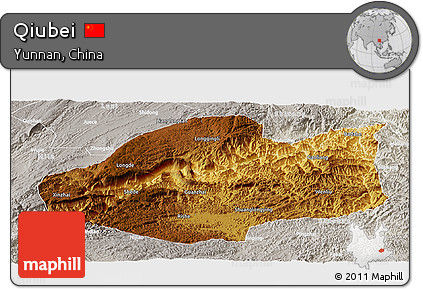 Physical Panoramic Map of Qiubei, lighten, semi-desaturated