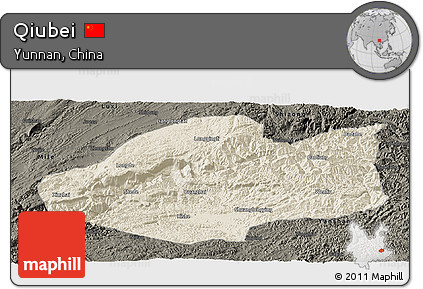 Shaded Relief Panoramic Map of Qiubei, darken