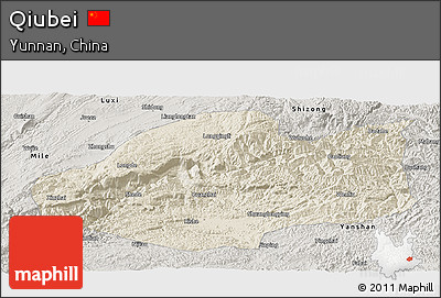Shaded Relief Panoramic Map of Qiubei, semi-desaturated