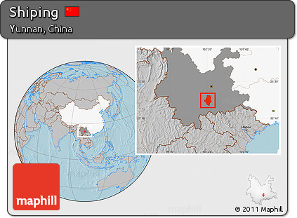 Gray Location Map of Shiping, highlighted country, highlighted parent region, hill shading
