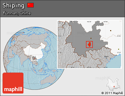 Gray Location Map of Shiping, highlighted country, highlighted parent region, hill shading