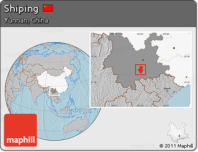Gray Location Map of Shiping, highlighted country, highlighted parent region, hill shading