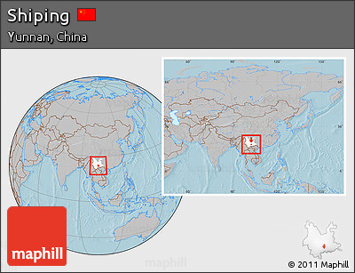 Gray Location Map of Shiping, highlighted parent region, within the entire country, hill shading