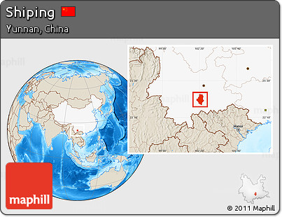 Shaded Relief Location Map of Shiping, highlighted country