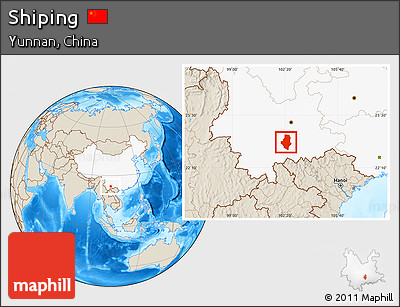 Shaded Relief Location Map of Shiping, highlighted country