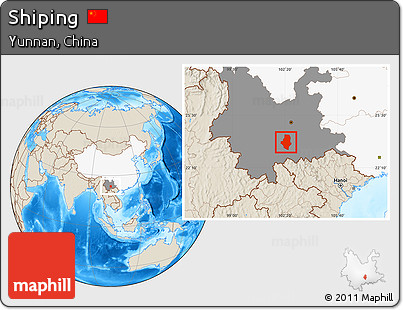 Shaded Relief Location Map of Shiping, highlighted country, highlighted parent region