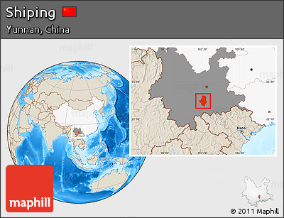Shaded Relief Location Map of Shiping, highlighted country, highlighted parent region