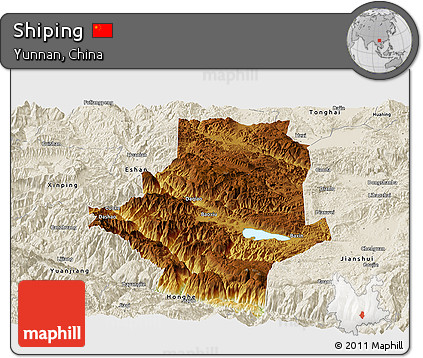 Physical Panoramic Map of Shiping, shaded relief outside