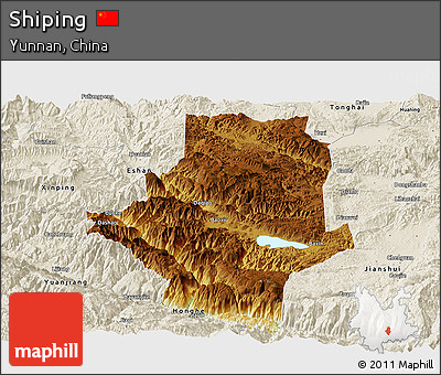 Physical Panoramic Map of Shiping, shaded relief outside
