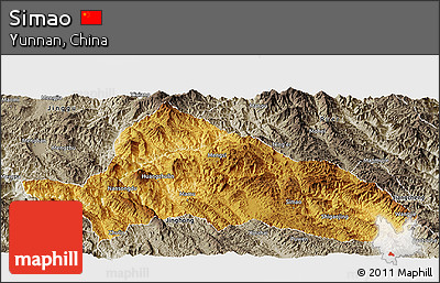 Physical Panoramic Map of Simao, semi-desaturated