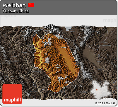 Physical 3D Map of Weishan, darken, semi-desaturated
