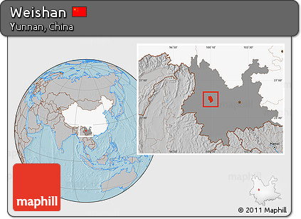 Gray Location Map of Weishan, highlighted country, highlighted parent region, hill shading