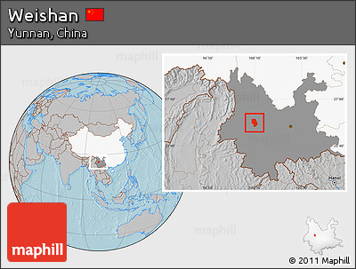 Gray Location Map of Weishan, highlighted country, highlighted parent region, hill shading
