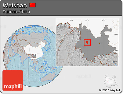 Gray Location Map of Weishan, highlighted country, highlighted parent region, hill shading