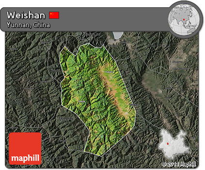 Satellite Map of Weishan, darken, semi-desaturated