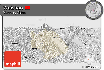 Shaded Relief Panoramic Map of Weishan, desaturated