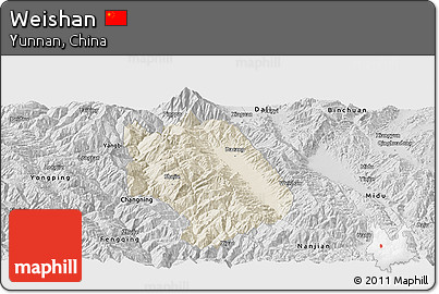 Shaded Relief Panoramic Map of Weishan, desaturated