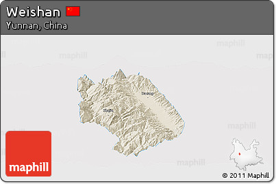 Shaded Relief Panoramic Map of Weishan, single color outside