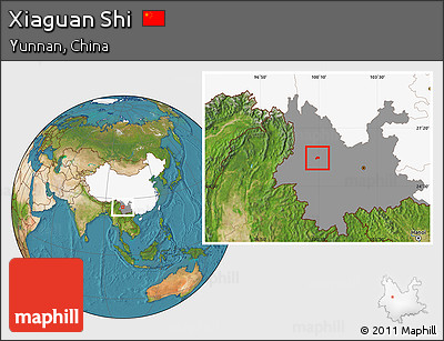 Satellite Location Map of Xiaguan Shi, highlighted country, highlighted parent region