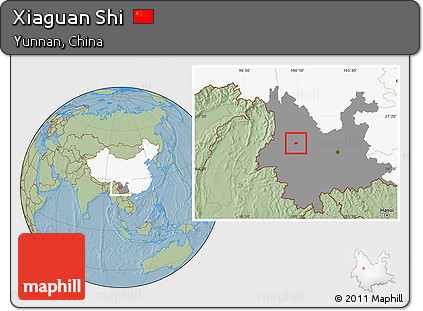 Savanna Style Location Map of Xiaguan Shi, highlighted country, highlighted parent region, hill shading