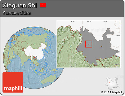Savanna Style Location Map of Xiaguan Shi, highlighted country, highlighted parent region, hill shading