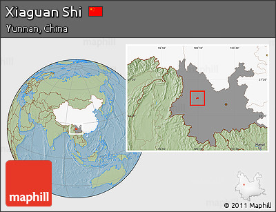 Savanna Style Location Map of Xiaguan Shi, highlighted country, highlighted parent region, hill shading