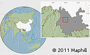 Savanna Style Location Map of Xiaguan Shi, highlighted country, highlighted parent region, hill shading