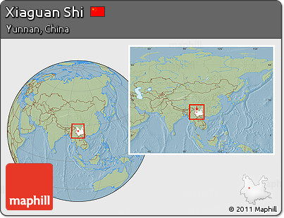 Savanna Style Location Map of Xiaguan Shi, highlighted parent region, within the entire country, hill shading