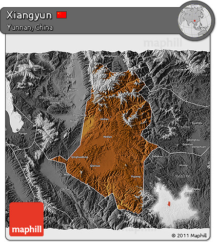 Physical 3D Map of Xiangyun, desaturated