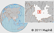 Gray Location Map of Xiangyun, highlighted parent region, hill shading
