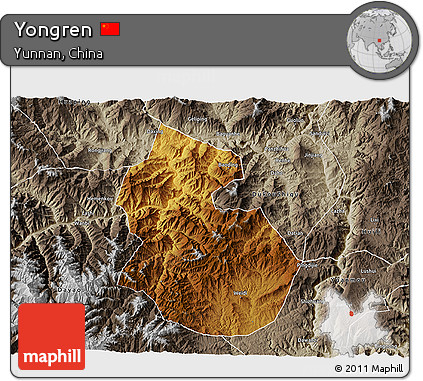 Physical 3D Map of Yongren, semi-desaturated