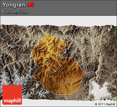 Physical 3D Map of Yongren, semi-desaturated