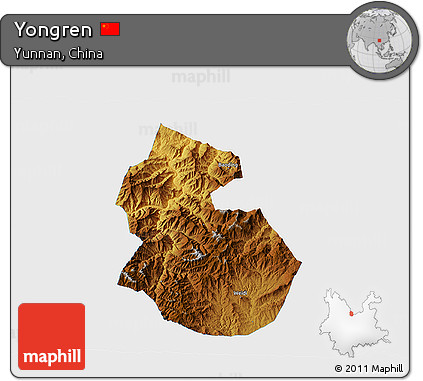 Physical 3D Map of Yongren, single color outside