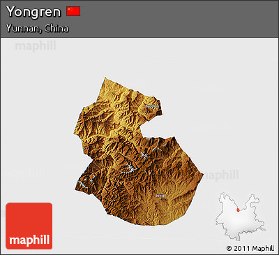 Physical 3D Map of Yongren, single color outside