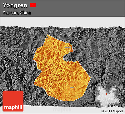Political 3D Map of Yongren, darken, desaturated