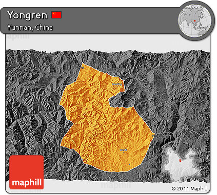 Political 3D Map of Yongren, darken, desaturated