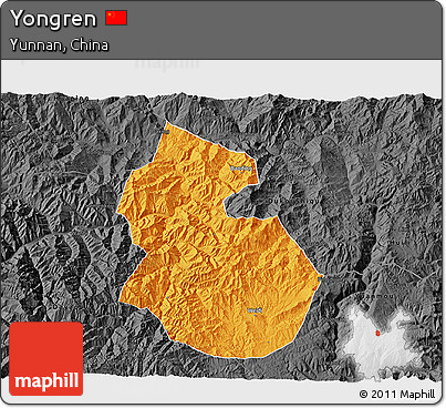 Political 3D Map of Yongren, darken, desaturated