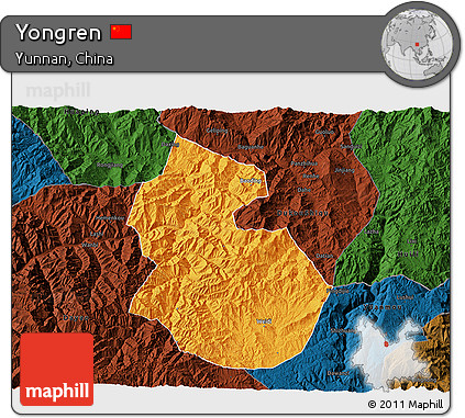 Political 3D Map of Yongren, darken